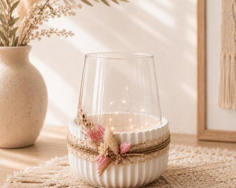 Windlicht, Dekoschale mit Kerzenglas, weiß, mit Rillen, Keraflott, Tischfeuer, Geschenk