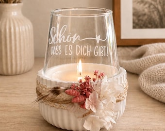Portavelas "Es tan bonito que existas", cuenco decorativo con portavelas de cristal, blanco, con ranuras, Keraflott, para fuego de mesa, regalo, 2 variaciones