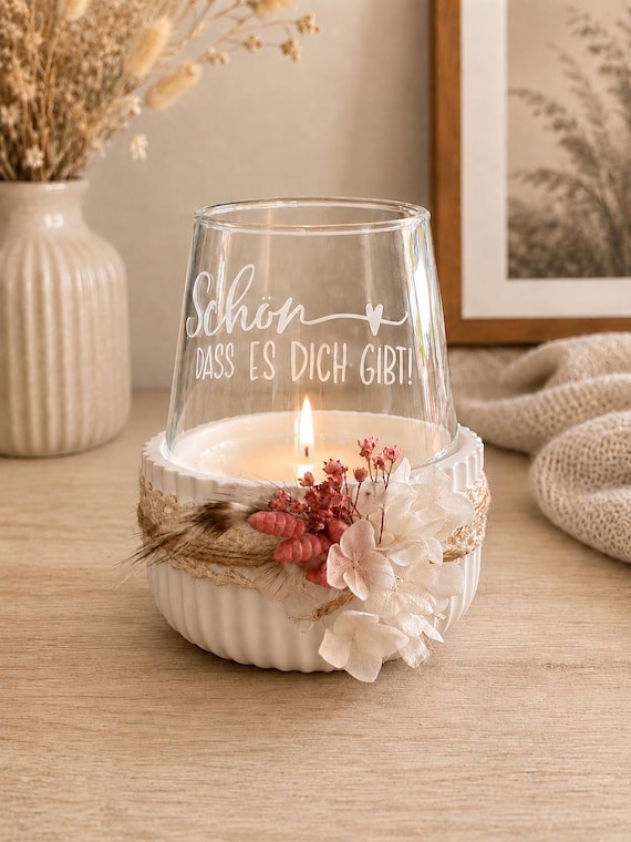 Windlicht „Schön dass es dich gibt“, Dekoschale mit Kerzenglas, weiß, mit Rillen, Keraflott, Tischfeuer, Geschenk, 2 Varianten