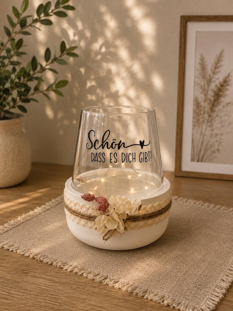 May include: A clear glass vase sits inside a white circular base decorated with a beige lace ribbon, twine, and small dried flowers. The glass features the black text "Sch&ouml;n DASS ES DICH GIBT!" with a heart symbol. A string of warm LED lights glows inside.