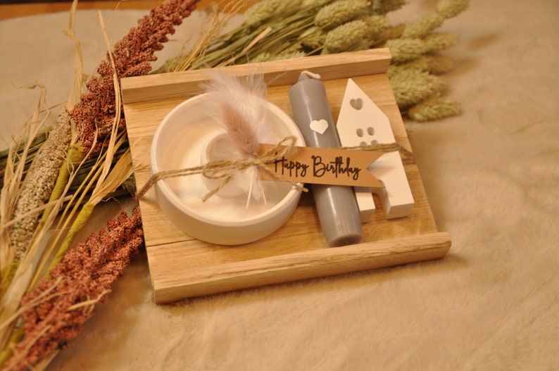 Geschenkset, Kerze in Holzbox mit Lichthaus & Kerzenteller, Kerzenset, versch. Botschaften und Farben Grau