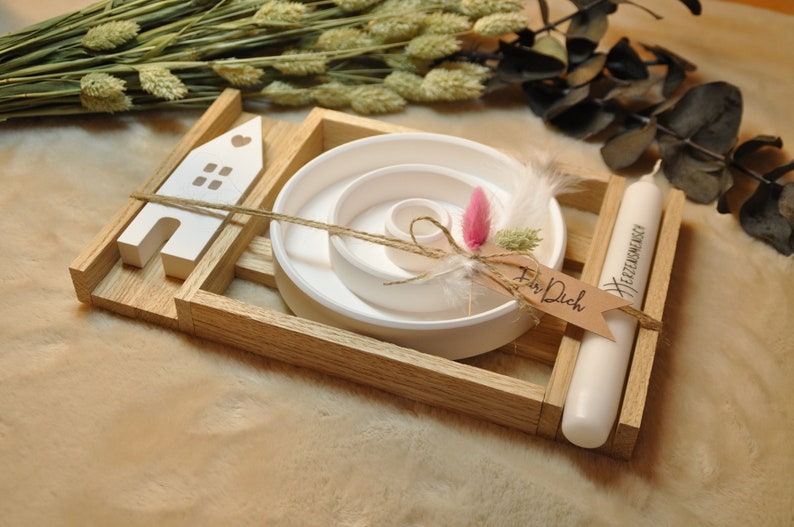 Gift set, candle plate house & candle of your choice, various messages image 1