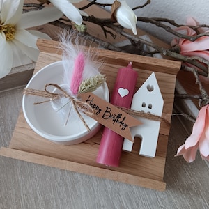 Geschenk, Kerze in Holzbox mit Lichthaus & Kerzenteller, Kerzenset, versch. Botschaften und Farben, Geburtstag, Freundin, Kollegin