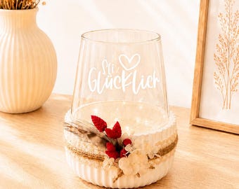 Portavelas "Be Happy", cuenco decorativo con portavelas de cristal, blanco, con ranuras, Keraflott, para fuego de mesa, regalo, colega, amigo