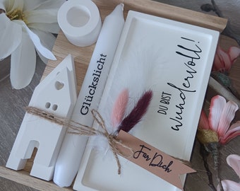 Gift set "You are wonderful!", rectangular tray + 2 houses & candle of your choice, various messages