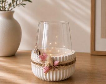 Windlicht, Dekoschale mit Kerzenglas, weiß, mit Rillen, Keraflott, Tischfeuer, Geschenk