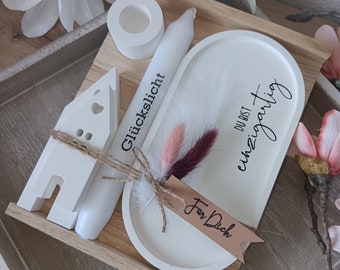 Gift set "You are unique!", oval tray + 2 houses & candle of your choice, various messages