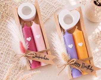 Velas de colores en una caja de regalo, velas decorativas, juego de regalo de 2 piezas, regalo de fiesta, varios mensajes, agradecimiento, cumpleaños, novia