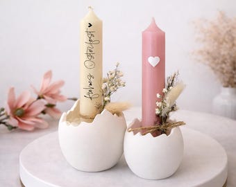 Kerzenhalter Eierschale klein & bunte Kerze mit Aufschrift, verschiedene Ausführungen, Ostern, Frühling, Raysin