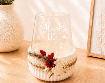 Portavelas "Lucky Light", cuenco decorativo con portavelas de cristal, blanco, con ranuras, Keraflott, para fuego de mesa, regalo, colega, amigo