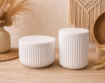 Decorative tin with lid, white decorative bowl with grooves, Raysin, 2 sizes