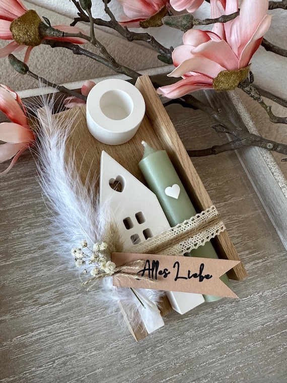 Geschenk-Set, Kerze in Holzbox mit Lichthaus, versch. Botschaften, Geburtstag, Freundin, Kollegin, Abschied