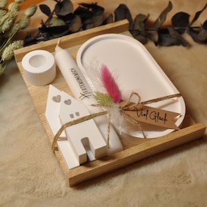 Gift set, oval tray 2 houses & candle of your choice, various messages image 3