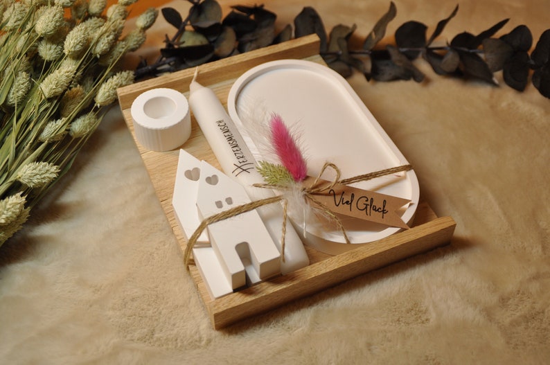 Gift set, oval tray 2 houses & candle of your choice, various messages image 3