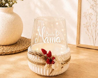 Portavelas "La mejor mamá", cuenco decorativo con portavelas de cristal, blanco, con ranuras, Keraflott, para mesa, regalo, mamá