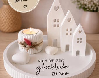 Bandeja decorativa con portavelas, 2 corazones y 3 casas, decoración de mesa, estilo escandinavo. Navidad, Adviento, cumpleaños, blanco.