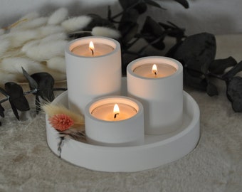 Decorative plate white round & 3 tea light holders, Raysin