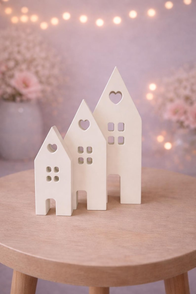 May include: Three off-white ceramic house ornaments of different sizes. Each house features a heart-shaped cutout and square window cutouts. The houses are displayed on a light brown wooden table, with a soft-focus background of flowers and lights.