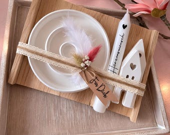 Set de regalo, plato para velas con 2 casas y vela etiquetada, blanco, regalo, recuerdo, novia