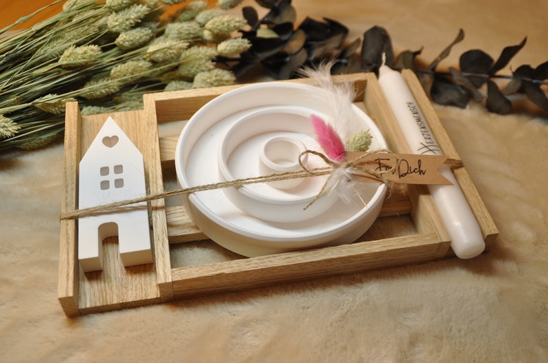 Gift set, candle plate house & candle of your choice, various messages image 2