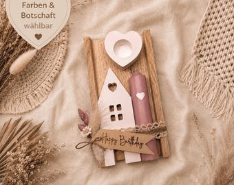Set de regalo, vela en caja de madera con casa iluminada, varios mensajes, cumpleaños, novia, colega, despedida