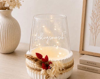 Portavelas "Persona Favorita", cuenco decorativo con portavelas de cristal, blanco, con ranuras, Keraflott, para fuego de mesa, regalo, colega, amigo