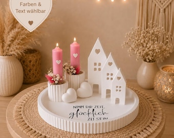 Bandeja decorativa con 2 portavelas, 2 corazones y 3 casas, decoración de mesa, estilo escandinavo, cumpleaños, color blanco.