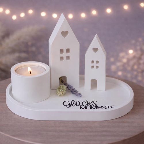 White decorative tray with 2 houses & candle holder, Raysin