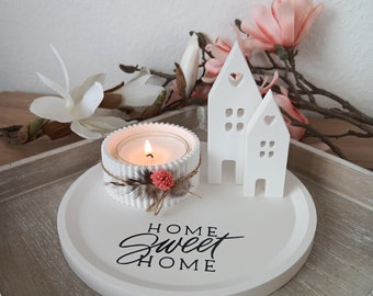 Tablett rund, weiß mit Schriftzug "Home sweet Home" + Teelichthalter & 2 Lichthäuser (mittel + klein), Raysin