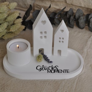 Decorative tray white with 2 houses & candle holder, Raysin