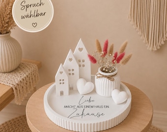 Juego decorativo "Bandeja" con frase, jarrón y casas, blanco – regalo para inauguración de casa, boda o San Valentín, Raysin