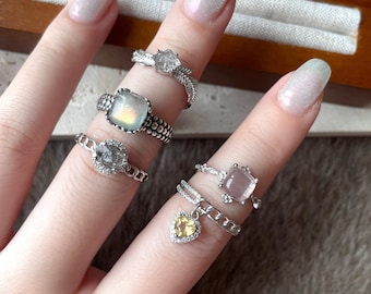 Adjustable Crystal Ring | S925 Silver | Herkimer Diamond | Moonstone | Gift for Her