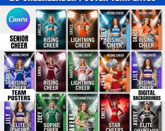 20 cheerleader poster canvas sjabloon, bewerkbare cheerleading banner, senior cheer team poster, aangepaste cheer digitale achtergrond, canva link