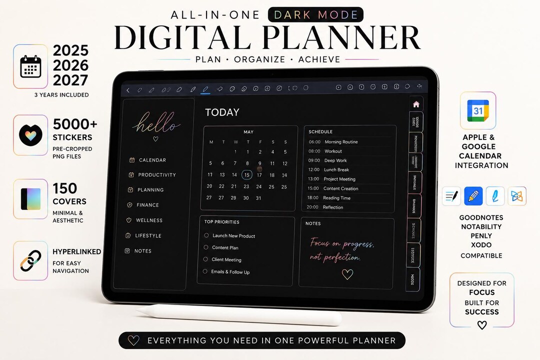 Dark Mode Digital Planner 2025 2026 2027, All in One Goodnotes Planner ...