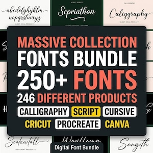 May include: A digital font bundle featuring a massive collection of 250+ fonts and 246 different products. The central dark gray panel displays the text: MASSIVE COLLECTION FONTS BUNDLE 250+ FONTS 246 DIFFERENT PRODUCTS CALLIGRAPHY SCRIPT CURSIVE CRICUT PROCREATE CANVA.