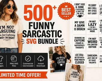 500 Sarcastic T-Shirt Designs Bundle SVG PNG | Funny Quotes SVG | Commercial Use | Cricut Silhouette Files | Instant Download