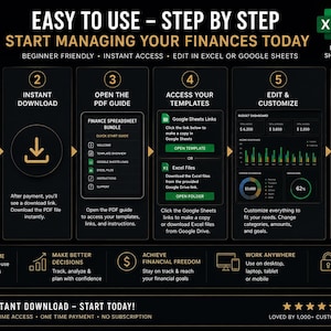 Peut inclure: Infographie avec fond noir et texte dor&eacute;, d&eacute;taillant un guide &eacute;tape par &eacute;tape pour g&eacute;rer ses finances. Comprend des ic&ocirc;nes pour l'achat, le t&eacute;l&eacute;chargement et l'acc&egrave;s aux mod&egrave;les. Le texte dit "Easy to Use - Step by Step".