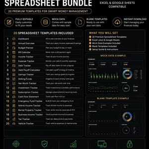 Peut inclure: Visuel promotionnel noir et blanc pour un pack de feuilles de calcul financi&egrave;res. L'image pr&eacute;sente 20 mod&egrave;les de feuilles de calcul, incluant des tableaux de bord et des suivis de revenus. Compatibilit&eacute; Excel.