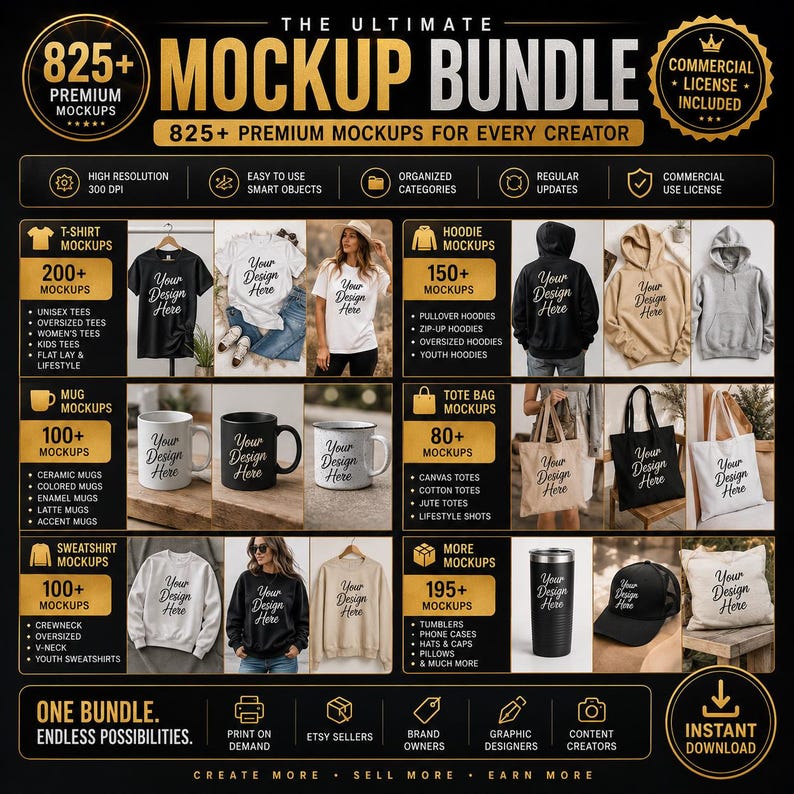 Ultimate Mockup Bundle Canva Printify Ready, T Shirt Mug Tote Bag Sweatshirt Mockups, PNG JPG Mockup Pack, Commercial License image 2