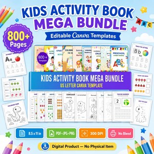 Puede incluir: Un paquete digital de libros de actividades para niños con más de 800 páginas de plantillas editables de Canva. El conjunto incluye varias hojas de trabajo educativas, páginas para colorear y ejercicios de caligrafía en formato 21,59 x 27,94 cm.