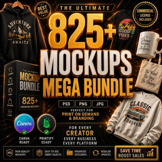 Ultimate Mockup Bundle Canva Printify Ready, T Shirt Mug Tote Bag Sweatshirt Mockups, PNG JPG Mockup Pack, Commercial License