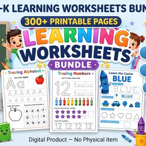 May include: A digital bundle of 300+ printable pre-K learning worksheets featuring tracing alphabet and number exercises, color identification, and shapes. The graphics include cartoon characters, a rainbow, and crayons with text labels.