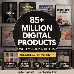 Könnte beinhalten: Eine digitale Sammlung von über 85 Millionen Produkten mit MRR- und PLR-Rechten, darunter Vorlagen, E-Books, Anleitungen, SVG-Dateien, Social-Media-Inhalte und Geschäftsressourcen, angezeigt mit dem Text Use & Resell For 100% Profit.