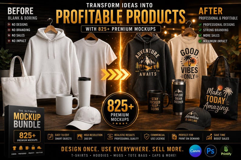 Ultimate Mockup Bundle Canva Printify Ready, T Shirt Mug Tote Bag Sweatshirt Mockups, PNG JPG Mockup Pack, Commercial License image 5