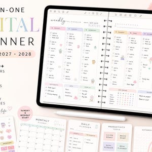 May include: A digital planner displayed on a tablet, featuring a weekly layout with colorful sections. The image includes stickers, covers, and yearly updates. Text reads "ALL-IN-ONE DIGITAL PLANNER 2026 2027 2028". Additional planner pages are visible.