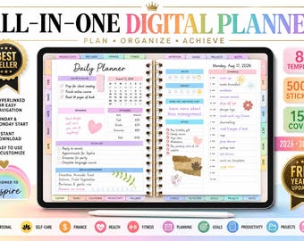 Peut inclure: Un agenda numérique affiché sur un écran de tablette avec un stylet en dessous. L'agenda présente un emploi du temps quotidien, une liste de tâches, un suivi des repas et un journal des dépenses pour le 17 août 2026. Texte : ALL-IN-ONE DIGITAL PLANNER.