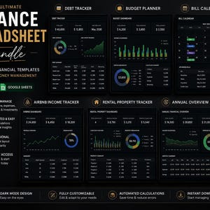 Peut inclure: Un ensemble de feuilles de calcul financi&egrave;res sur le th&egrave;me sombre, avec des mod&egrave;les pour une gestion intelligente de l'argent. Comprend un suivi des dettes, un planificateur budg&eacute;taire, un calendrier des factures, etc. T&eacute;l&eacute;chargement instantan&eacute;.