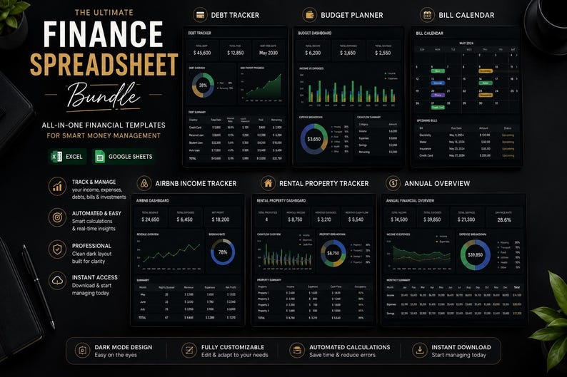 Peut inclure: Un ensemble de feuilles de calcul financi&egrave;res sur le th&egrave;me sombre, avec des mod&egrave;les pour une gestion intelligente de l'argent. Comprend un suivi des dettes, un planificateur budg&eacute;taire, un calendrier des factures, etc. T&eacute;l&eacute;chargement instantan&eacute;.