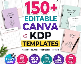150+ bewerkbare Canva KDP-sjablonen, plr planner dagboekbundel, KDP interieursjablonen, afdrukbare pdf, 8,5 x 11, 300 dpi