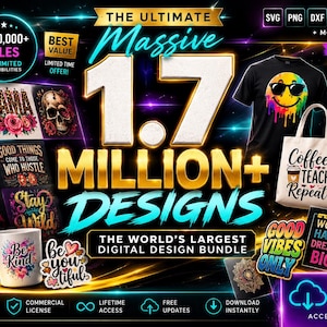 Op de afbeelding: Digitale designbundel met meer dan 1,7 miljoen ontwerpen. Inclusief SVG-ontwerpen, sublimatie, clipart, lettertypen, mockups en sjablonen. Met een zwart t-shirt met een smiley, een draagtas en een beker met een vlinder.
